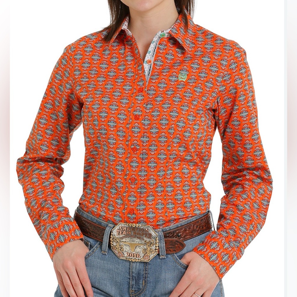 Women's Western-Style Long Sleeve Shirt in Orange Floral Print